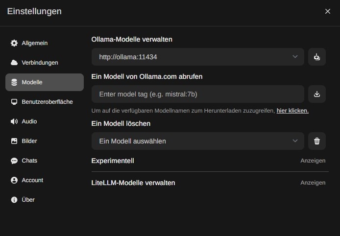 OpenWebUI Einstellungen Einstellungsmenü von OpenWebUI mit Modellverwaltung