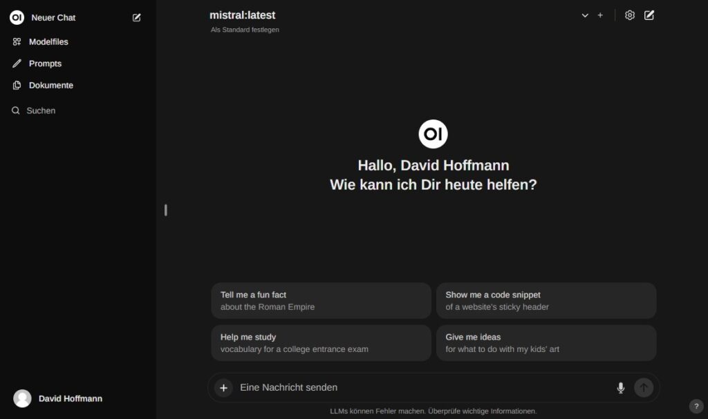 OpenWebUI Startansicht Startbildschirm der OpenWebUI-Oberfläche mit Begrüßung