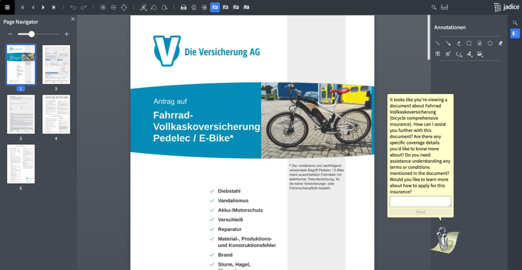 PDF-Versicherungsantrag im jadice web toolkit mit eingeblendeter ChatGPT-Kommentarfunktion