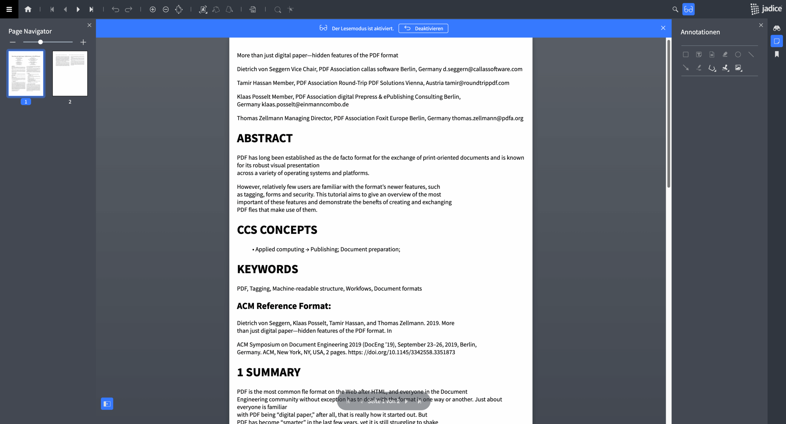 Lesemodus im jadice viewer zur besseren Textdarstellung