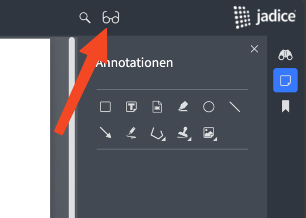 Button zum Aktivieren des Lesemodus im jadice viewer