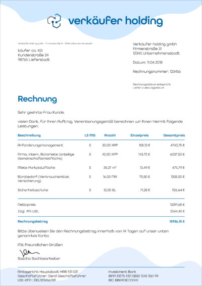 Beispiel einer klassischen PDF-Rechnung PDF-Rechnung eines fiktiven Unternehmens mit Rechnungspositionen und Beträgen