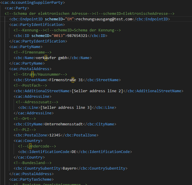 XML-Datenstruktur einer XRechnung Ausschnitt aus dem XML-Code einer XRechnung mit Informationen zu Absender und Adresse